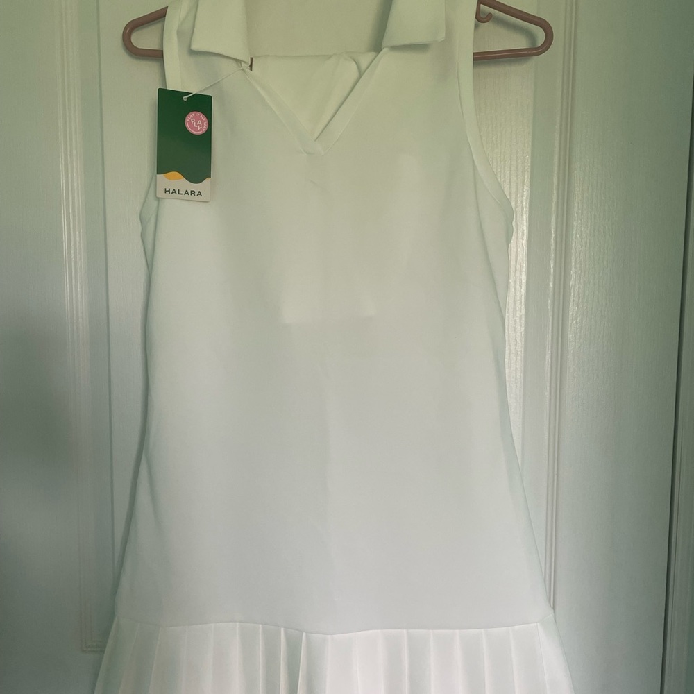 Halara White Sleeveless Dress with Pleated Skirt and shorts